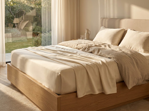 LunaQ Cooling Sheet Set in Cream in a sunlit bedroom
